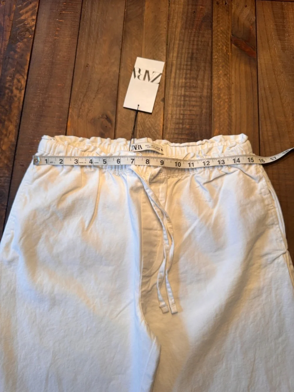 Zara White Relaxed Linen Blend Pant. Tie-Hem Cuffs. Size Small